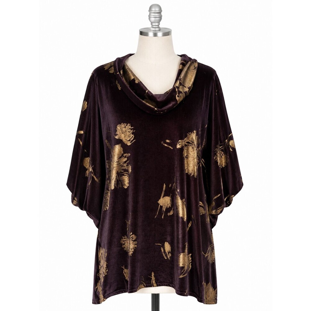 Bryn Walker Floral Print Ribbed Velvet Cowl Neck Tunic Top Medium Oversized *